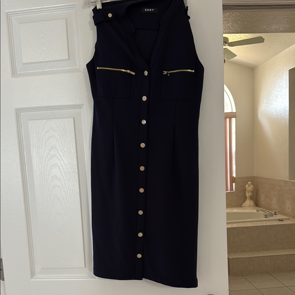 Dark blue Sleeveless Dress with Gold Zipper Accents